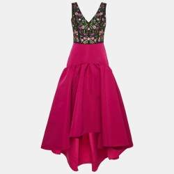 Notte By Marchesa Pink/Black Floral Embroidered Crepe High-Low Gown S