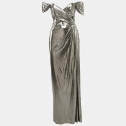 Notte By Marchesa Silver Lamé Jersey Off-Shoulder Corset Maxi Dress M