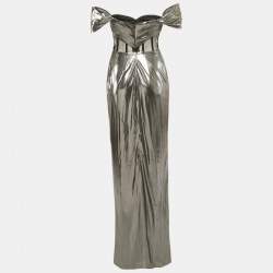 Notte By Marchesa Silver Lamé Jersey Off-Shoulder Corset Maxi Dress M