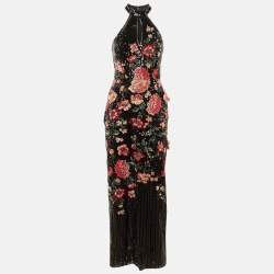 Pre Owned Notte By Marchesa Black Sequin Embroidered Halter Neck Gown S
