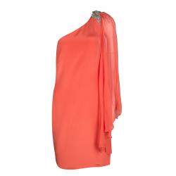 Pre Owned Notte By Marchesa Orange Silk Embellished Draped Sleeve Detail One Shoulder Dress M
