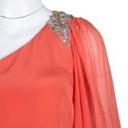 Pre Owned Notte By Marchesa Orange Silk Embellished Draped Sleeve Detail One Shoulder Dress M