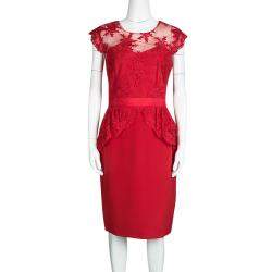 مملوكة مسبقًا Notte By Marchesa Scarlet Red Embroidered Lace Peplum Dress M