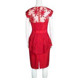 مملوكة مسبقًا Notte By Marchesa Scarlet Red Embroidered Lace Peplum Dress M