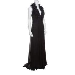 Notte By Marchesa Black Silk Chiffon Ruffle Detail Halter Evening Gown L