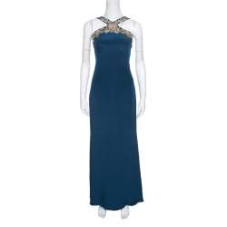 Notte by Marchesa Peacock Blue Embellished Silk Maxi Dress S