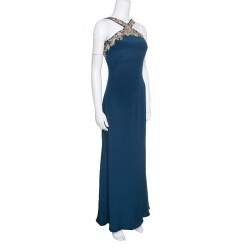 Notte by Marchesa Peacock Blue Embellished Silk Maxi Dress S