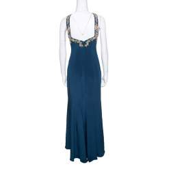 Notte by Marchesa Peacock Blue Embellished Silk Maxi Dress S