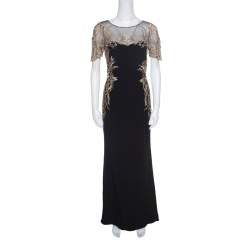 Pre Owned Notte by Marchesa Black Silk Lurex Floral Embroidered Evening Gown S
