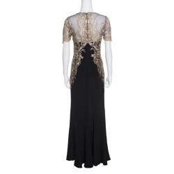 Pre Owned Notte by Marchesa Black Silk Lurex Floral Embroidered Evening Gown S