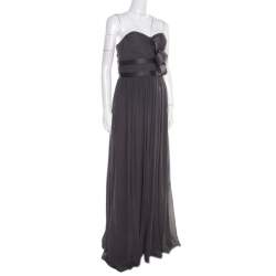 Notte by Marchesa Grey Silk Pleated Bodice Bow Detail Strapless Gown M