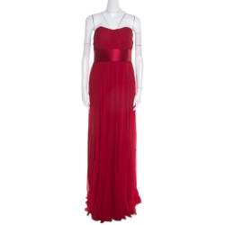 Notte By Marchesa Scarlet Silk Chiffon Pleated Bodice Strapless Gown M