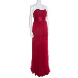 Notte By Marchesa Scarlet Silk Chiffon Pleated Bodice Strapless Gown M