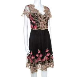 Pre Owned Notte By Marchesa Black and Gold Floral Lace Applique Dress M