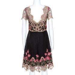 Pre Owned Notte By Marchesa Black and Gold Floral Lace Applique Dress M