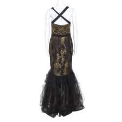 Notte By Marchesa Black and Gold Lace and Tulle Gown M