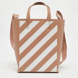 Off-White Beige/White Striped Leather Medium Binder Clip Vertical Tote