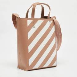 Off-White Beige/White Striped Leather Medium Binder Clip Vertical Tote