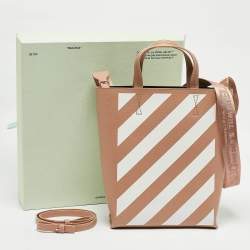 Off-White Beige/White Striped Leather Medium Binder Clip Vertical Tote