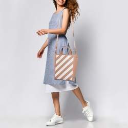 Off-White Beige/White Striped Leather Medium Binder Clip Vertical Tote