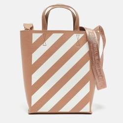 Off-White Beige/White Striped Leather Medium Binder Clip Vertical Tote