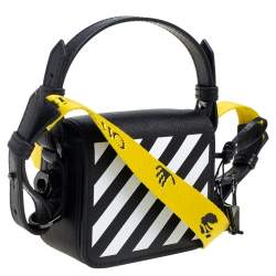 Pre Owned Off-White White/Black Diagonal Striped Leather Baby Flap Crossbody Bag