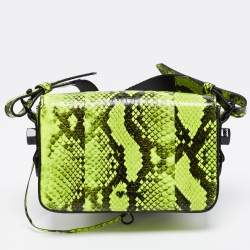 Off-White Green/Black Python Embossed Leather Small Binder Clip Flap Shoulder Bag