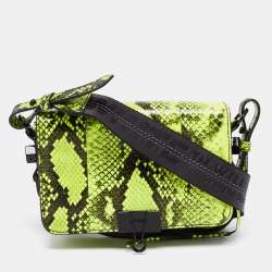 Off-White Green/Black Python Embossed Leather Small Binder Clip Flap Shoulder Bag
