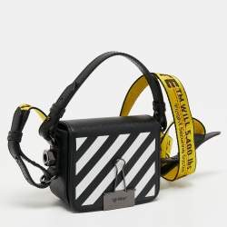 Pre Owned Off-White Black/White Diagonal Striped Leather Baby Flap Crossbody Bag