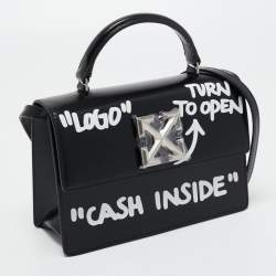 Pre Owned Off-White Black Leather Jitney "Cash Inside" Graffiti Top Handle Bag