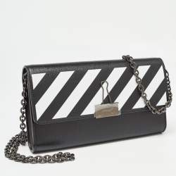 Off-White Black/White Diagonal Print Leather Binder Clip Wallet on Chain