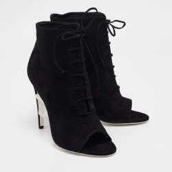 Off-White Black Suede Open Toe Lace Up Ankle Booties Size 39