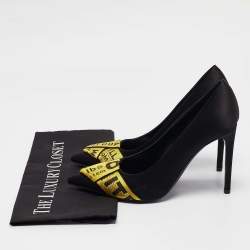 Pre Owned Off-White Black/Yellow Satin and Logo Canvas Commercial Bow Pumps Size 38