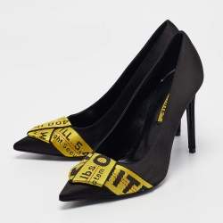 Pre Owned Off-White Black/Yellow Satin and Logo Canvas Commercial Bow Pumps Size 38