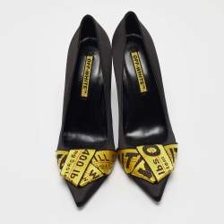 Pre Owned Off-White Black/Yellow Satin and Logo Canvas Commercial Bow Pumps Size 38