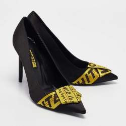 Pre Owned Off-White Black/Yellow Satin and Logo Canvas Commercial Bow Pumps Size 38