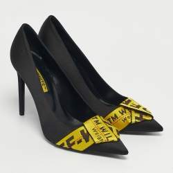 Pre Owned Off-White Black/Yellow Satin and Logo Canvas Commercial Bow Pumps Size 39