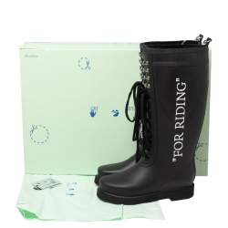 Pre Owned Off-White Black Rubber Quote Motif Lace Up Riding Boots Size 37