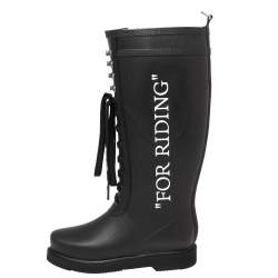 Pre Owned Off-White Black Rubber Quote Motif Lace Up Riding Boots Size 37