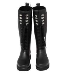 Pre Owned Off-White Black Rubber Quote Motif Lace Up Riding Boots Size 37