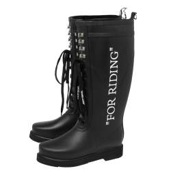 Pre Owned Off-White Black Rubber Quote Motif Lace Up Riding Boots Size 37