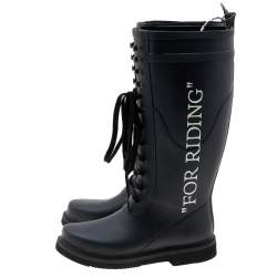 Pre Owned Off-White Black Rubber Quote-Motif Riding Boots Size 38