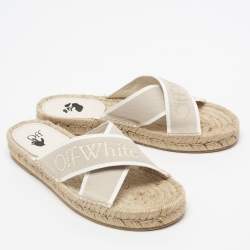Pre Owned Off-White Beige Logo Embroidered Canvas Crisscross Flat Espadrille Slides Size 38
