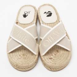 Pre Owned Off-White Beige Logo Embroidered Canvas Crisscross Flat Espadrille Slides Size 38