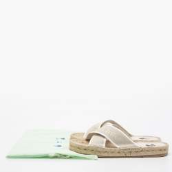 Pre Owned Off-White Beige Logo Embroidered Canvas Crisscross Flat Espadrille Slides Size 38