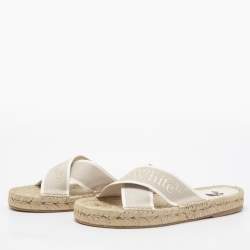 Pre Owned Off-White Beige Logo Embroidered Canvas Crisscross Flat Espadrille Slides Size 38