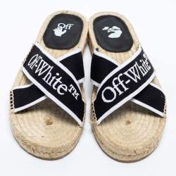 Pre Owned Off-White Black/White Logo Embroidered Canvas Crisscross Flat Espadrille Slides Size 38