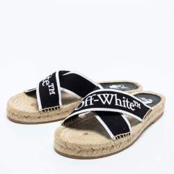Pre Owned Off-White Black/White Logo Embroidered Canvas Crisscross Flat Espadrille Slides Size 38