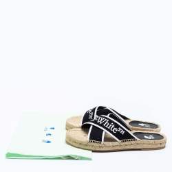 Pre Owned Off-White Black/White Logo Embroidered Canvas Crisscross Flat Espadrille Slides Size 38
