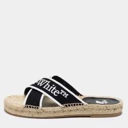 Pre Owned Off-White Black/White Logo Embroidered Canvas Crisscross Flat Espadrille Slides Size 38